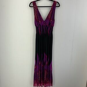 Morefeel Womens XXL Peacock Feather Print Smocked Waist V-Neck Maxi Dress Purple